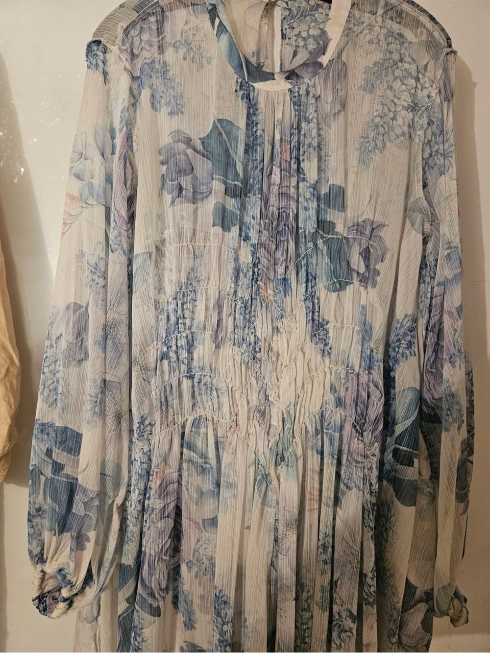 ASOS Floral Pleated Long Sleeve Dress in Blue and White